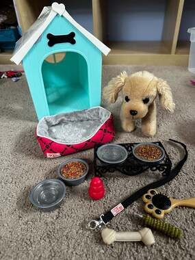 Our Generation Doll Puppy Set with Dog House, Golden Retriever Plush, Bed, and A